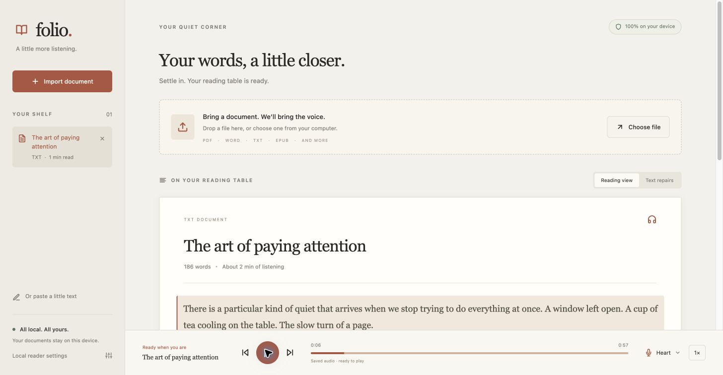 Folio's paper-style document reader, with a local library and audio playback controls.